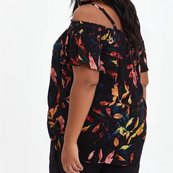 Torrid Smocked Cold-Shoulder Blouse Black Leaf Print - size 2X (18/20) - Picture 2 of 11